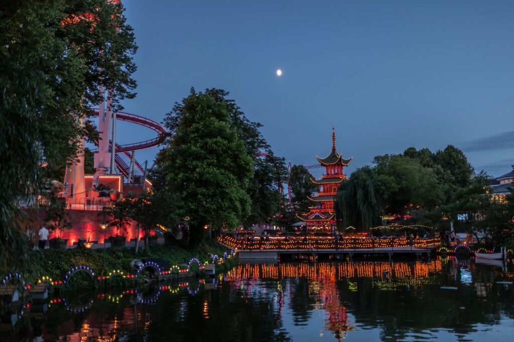 Tivoli Gardens illuminated at night
